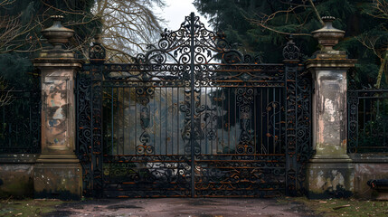 Grandeur Unleashed: Antique Ornate Iron Gates Guarding Stately Manor Entrance