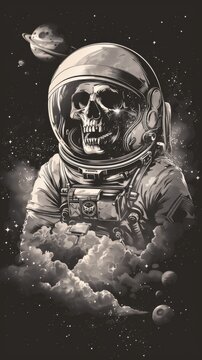 A monochrome artwork showcasing a skull-headed astronaut hovering above the clouds with planets and stars in the background