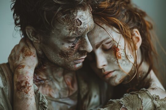 A surreal portrait of a couple zombies sharing a close and intimate moment