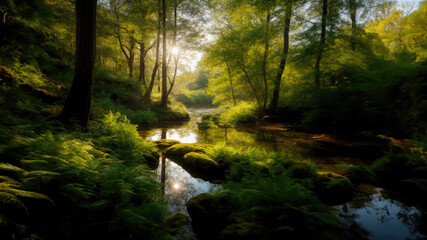 Morning Serenity: A Tranquil Forest Symphony in Green and Gold