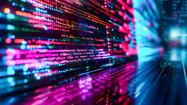 Technology and programming concept with binary code and abstract digital elements, emphasizing cybersecurity and data