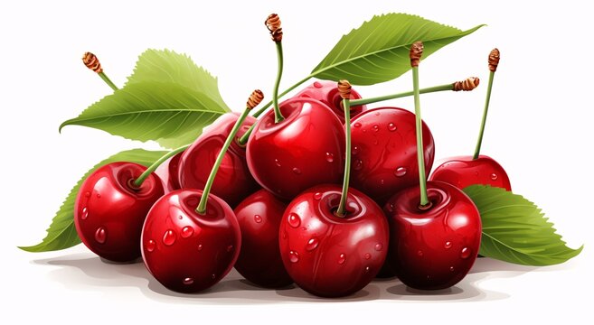 a group of red cherries with green leaves