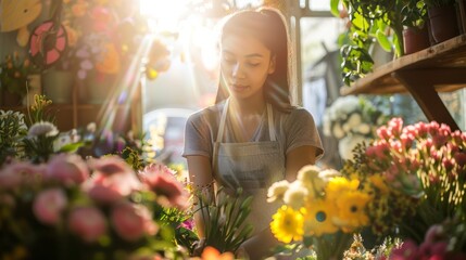 A young woman is working in a flower shop, arranging flowers in a vase. The shop is filled with a variety of flowers, including pink and yellow ones. The woman is focused on her task