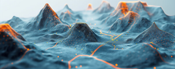 A digital landscape of blue topography with glowing orange data streams, visualizing network data, connectivity, and flow of information