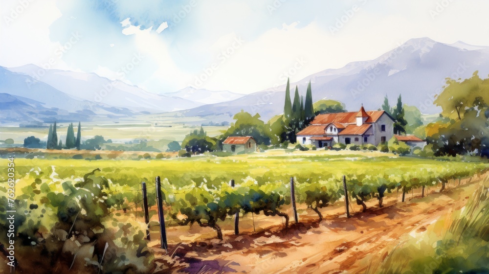 Poster Generative AI Rustic vineyards with ripe grapevines. aquarelle