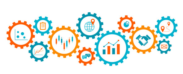 Connected gear cogs with financial charts and graph. Business management concept