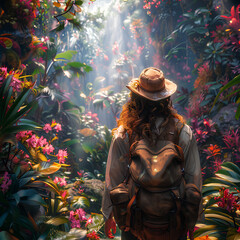 Adventure concept, person going into the jungle to explore, ecotourism - obrazy, fototapety, plakaty