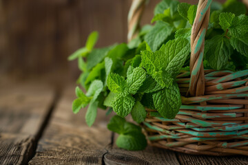Peppermint in a small basket on a natural wooden background. Selective focus.