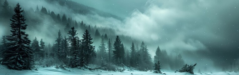 A painting featuring a snowy landscape with tall trees in the foreground. The snow-covered ground contrasts with the dark tree trunks, creating a stark winter scene. - Powered by Adobe