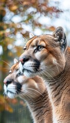 Male puma and cub portrait with spacious area on the left for convenient text insertion