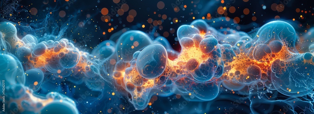 Poster A group of vibrant blue and orange bubbles are seen floating gracefully in the air, creating a visually striking display of colors and movement.