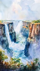 A captivating watercolor painting depicts the mighty Victoria Falls, with water cascading down the jagged cliffs. Lush greenery flanks the waterfall under a vast, cloudy sky that spans the horizon, co