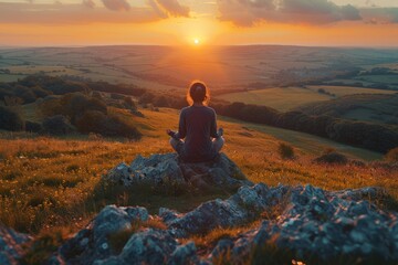 A person meditates on a hilltop at sunset, overlooking a panoramic rural landscape.