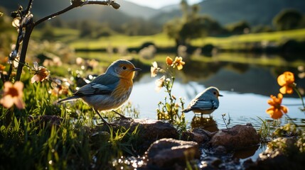 two birds are standing on the rocks near the water and flowers