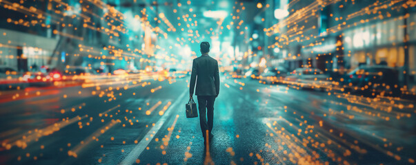 A solitary businessman with a briefcase walks down a bustling city street at night, illuminated by the golden glow of urban lights