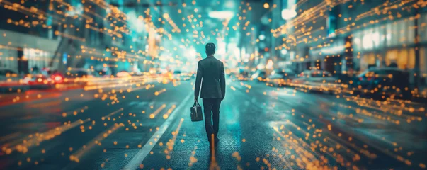 Foto op Plexiglas A solitary businessman with a briefcase walks down a bustling city street at night, illuminated by the golden glow of urban lights © kaitong1006