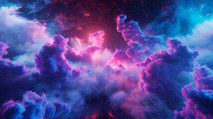 Fototapeta na wymiar A visually striking digital artwork of a nebula-like dreamscape, with clouds bathed in vibrant pink and blue hues against a starry background