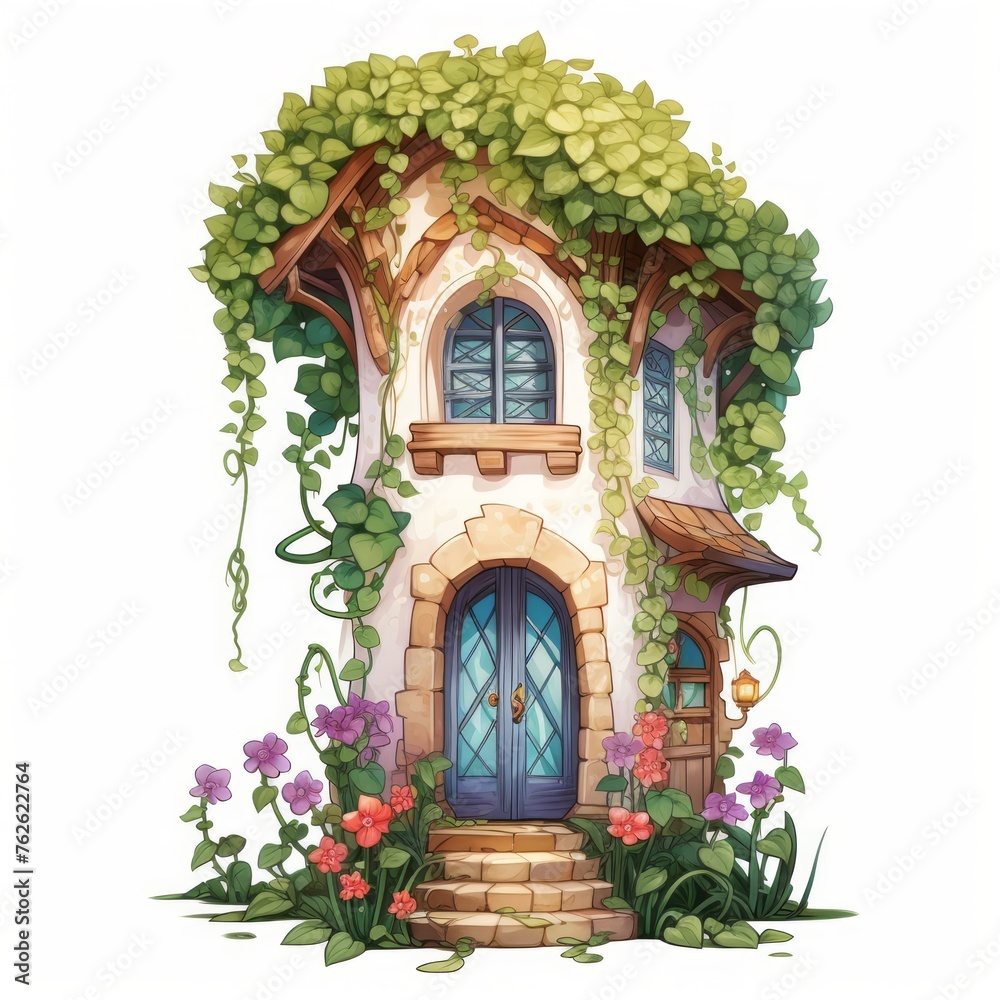 Poster Generative AI A whimsical tiny house adorned with colorful flowers and ivy crawling up the walls.