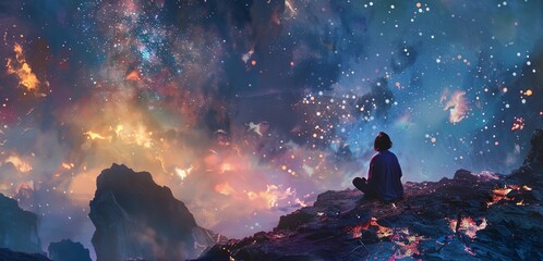 a person sitting on a rock looking at a sky full of stars - obrazy, fototapety, plakaty