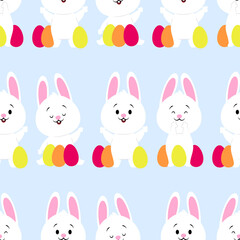 Obraz na płótnie Canvas Seamless pattern of cute Easter white bunnies with colorful eggs