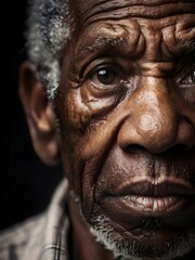 Portrait of an elderly black man. The eyes reflect the strength of generations. Crumpled wisdom. Black history month concept. Generative AI