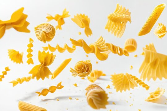 The image features a variety of yellow pasta, fusilli, and farfalle such as rigatoni and penne, falling against a white background.