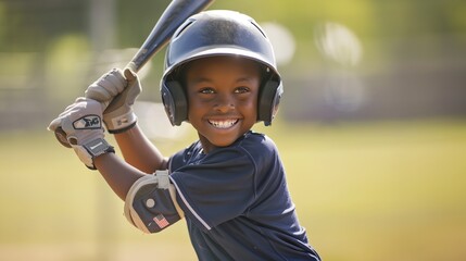 Fototapeta na wymiar A young boy is smiling and holding a baseball bat