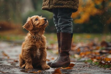 An attentive puppy looks up at its owner on a leaf-strewn path in autumn.