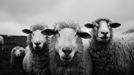 Fototapeta premium a group of sheep standing next to each other on a field of grass