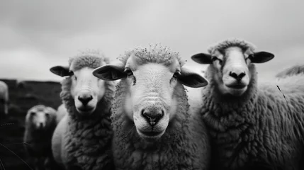 Foto op Plexiglas a group of sheep standing next to each other on a field of grass © progressman