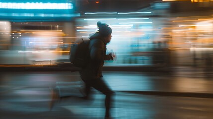 a man running in the city at night time