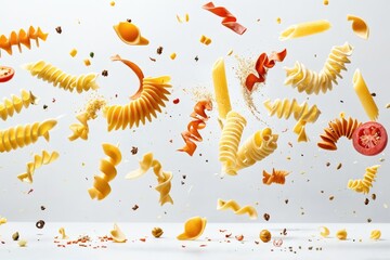 The image features a variety of yellow pasta, fusilli, and farfalle such as rigatoni and penne, falling against a white background.