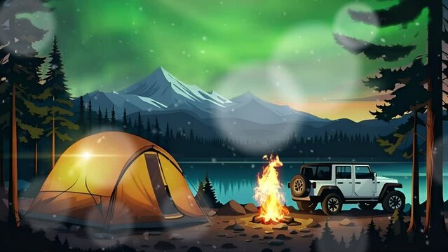 campfire and backpacker car with mountain background