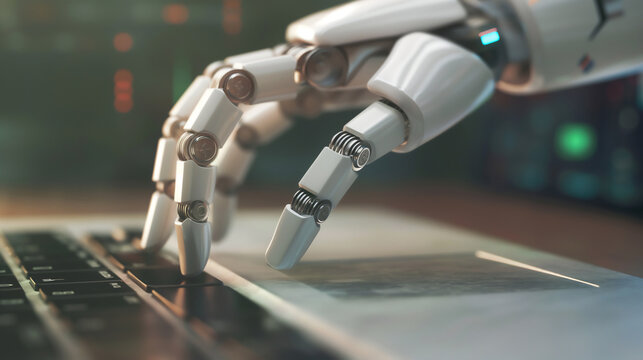 Artificially intelligent robot hand using a laptop, depicting the intersection of robotics and computing technology in the modern digital age
