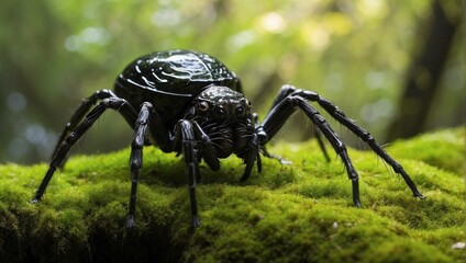 Closeup view of black spider with its body covered in shiny black exoskeleton - obrazy, fototapety, plakaty