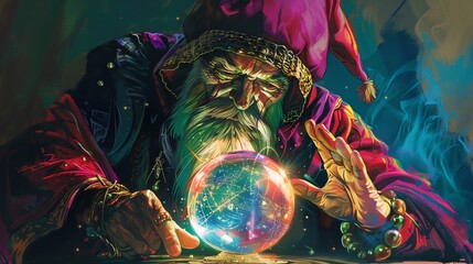 a wizard holding a crystal ball in his hands - obrazy, fototapety, plakaty