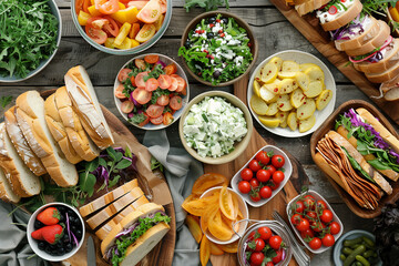 A healthy picnic spread with sandwiches, salads, and fresh fruit. Various types of food, ingredients, and dishes are spread on the table