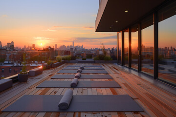 A serene sunrise yoga session on a quiet rooftop terrace.Yoga mats line the rooftop deck at sunset with a view of the city skyline - Powered by Adobe