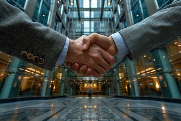 Two business professionals engage in a firm handshake in a reflective marble lobby. - obrazy, fototapety, plakaty
