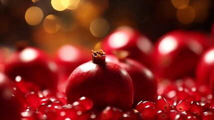 Close-up of Red Pomegranates on Dark Background with Bokeh Lighting
