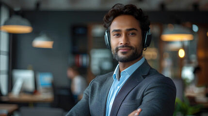 Young man works in an office speaking through headphones with a microphone or as a call center - obrazy, fototapety, plakaty