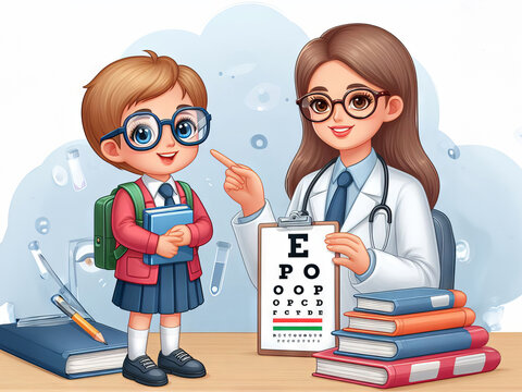 Optometrist with child by eye chart