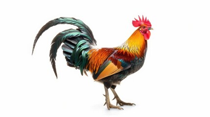 rural life with a proud rooster, isolated against a clean white background, showcasing its vibrant feathers and majestic stature - obrazy, fototapety, plakaty