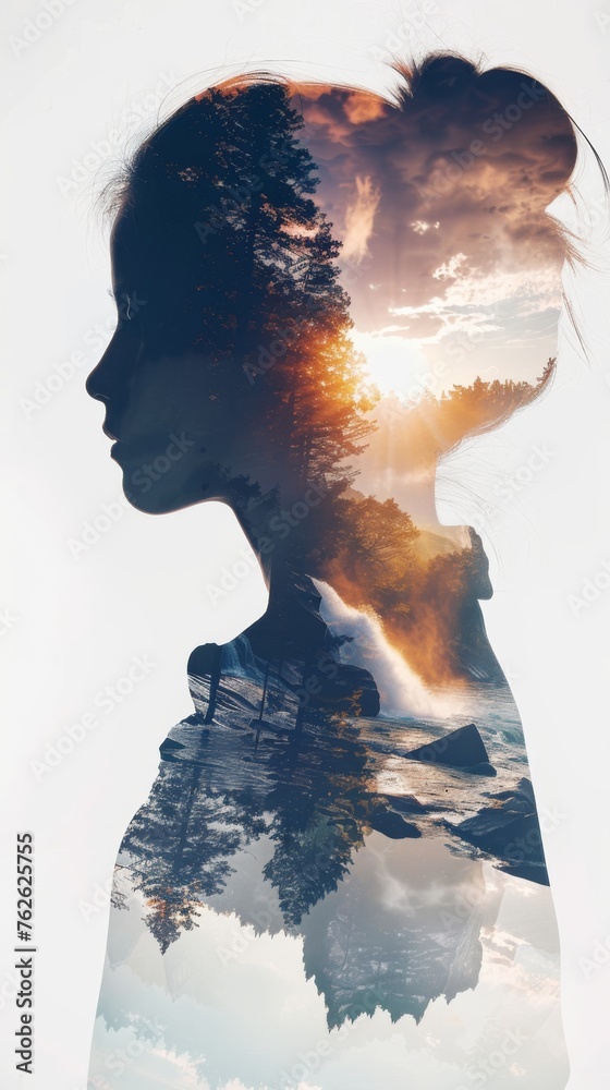 Poster A double exposure showcasing a womans face superimposed with the silhouette of trees in the background. The intricate blend creates a unique and artistic composition fusing human and nature elements s