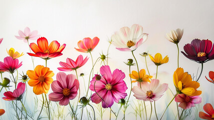  a close-up of tiny, multicoloured Cosmo flowers against a spotless white backdrop.