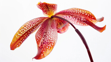 : a close-up of a single, vividly coloured orchid set against a perfect white background, showing...