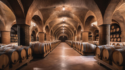 Naklejka premium Symmetrical view of a traditional wine cellar lined with rows of oak aging barrels, highlighting the classic wine-making process and storage