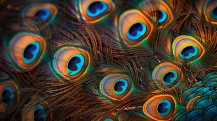 A cluster of vibrant peacock feathers, arranged in a graceful fan, displaying nature's iridescent beauty in every intricate detail.