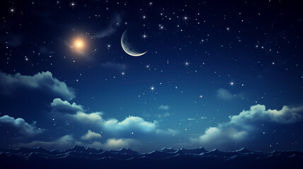 Obraz na płótnie Canvas Crescent moon and stars background over calm ocean and cloudy sky