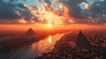 Generative AI Timeless pyramids, drone's aerial view, painted sky, distant horizon, hyper-realistic...